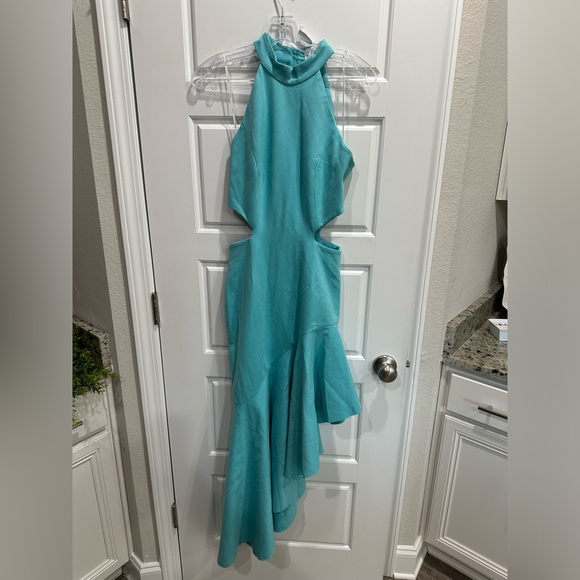 Elliatt Aqua Asymmetrical Cutout Halter Dress - Picture 2 of 7